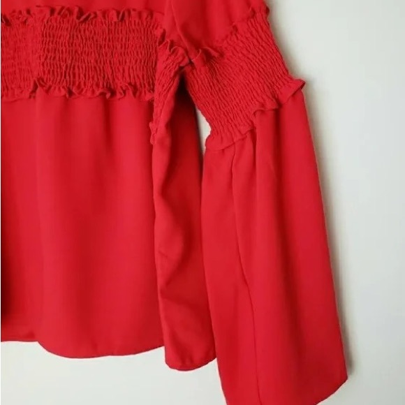 Amaryllis Apparel ruffled blouse Long Bell Sleeves solid Red Size Small - Picture 8 of 15